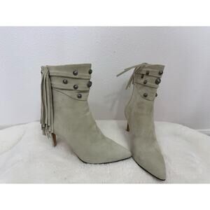 Paige Suede Fringe Studded Ankle Boots Size 8 Beige Western Boho